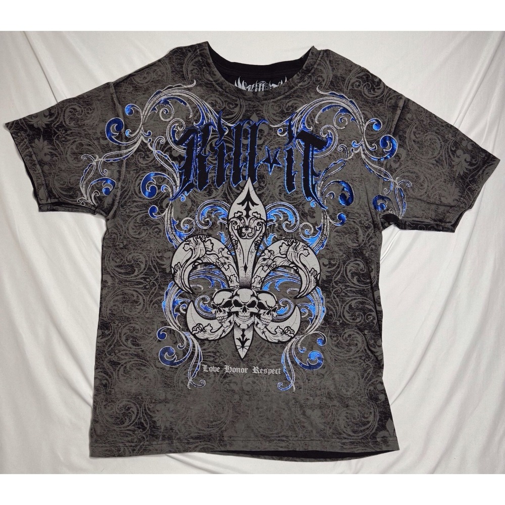 Affliction Kill It Y2K Blue‎ And Gray Grunge Motorcycle T Shirt Mens Size Large